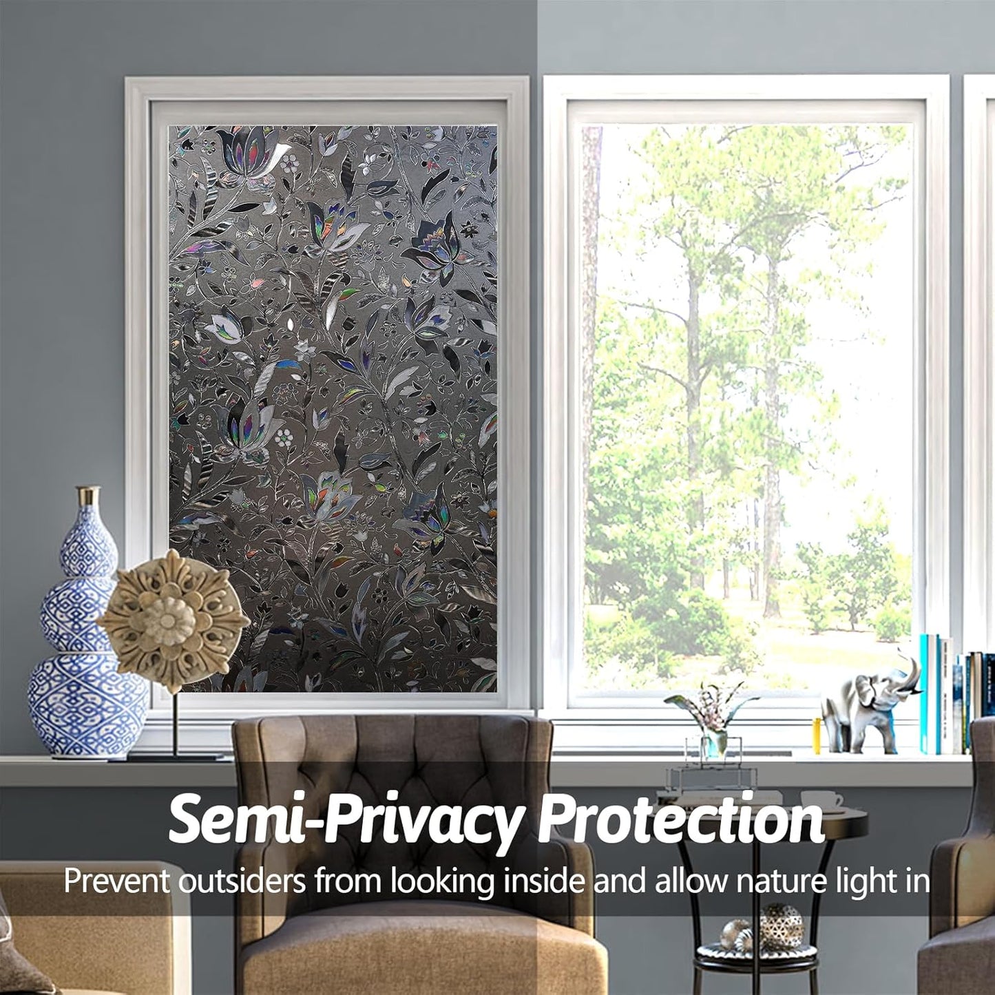 NINETREX Window Privacy Film,Decorative Window Film Frosted,Stained Glass Window Cling,Heat Blocker Non-Adhesive for Home,Grayish Black 29.5 x 78.7inch