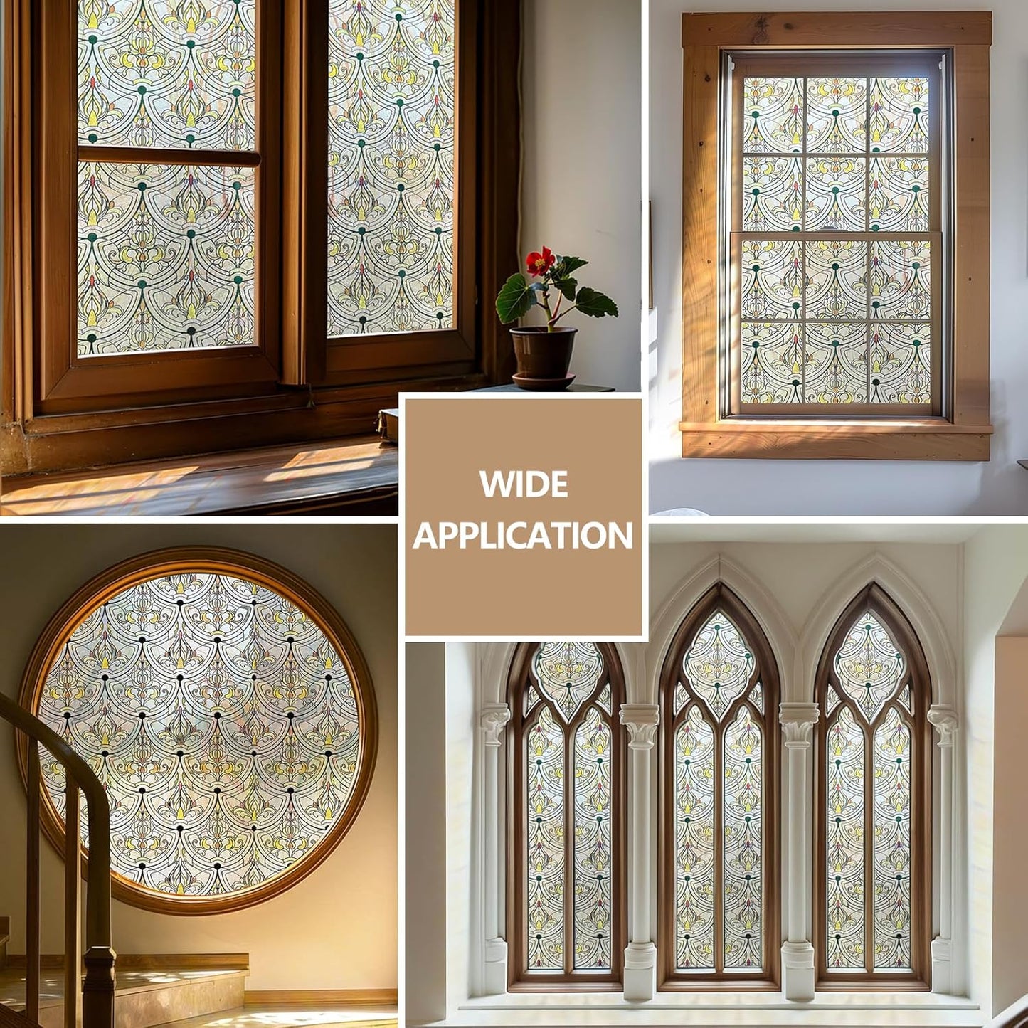 3D Stained Glass Window Film, Decorative Window Privacy Film for Bathroom,Front Door,Home, Sun Blocking Heat Control,Static Cling, Golden Ironwork 17.5inch x 47.24inch