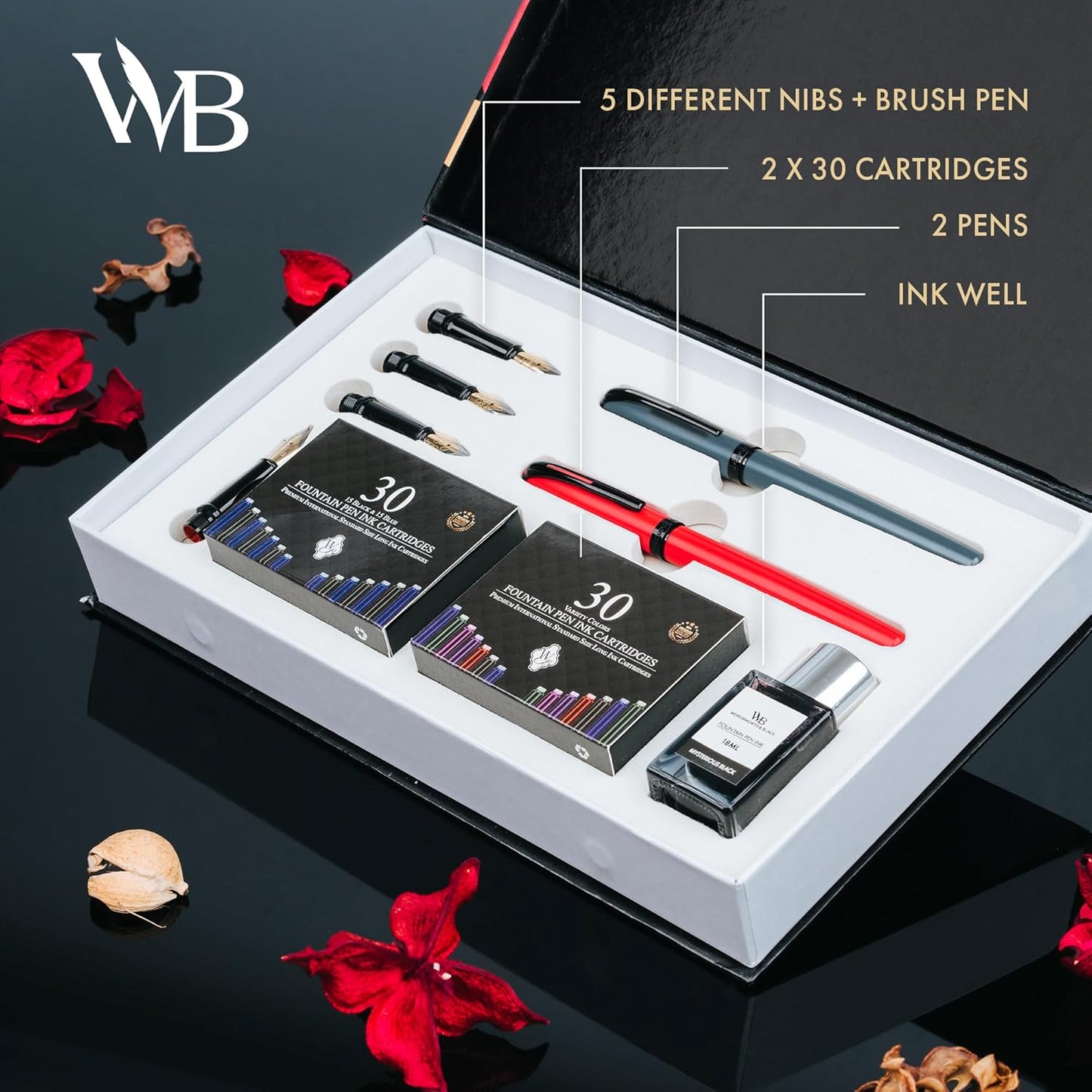 Wordsworth and Black Calligraphy Pen Set - Grey - Includes 2 Calligraphy Pens, 18 ML Ink Bottle, 60 Ink Cartridges, Ink Refill Converter, 1 Medium and 4 Broad Nibs, Brush Pen