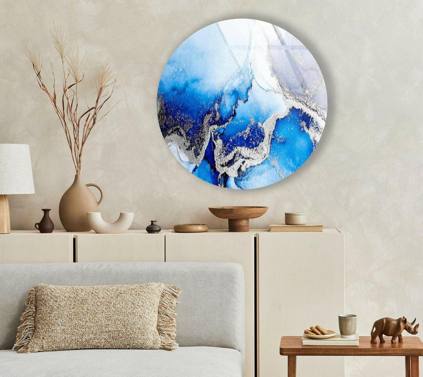 My Photostation.com 15.8''(40cm) Diameter Blue Marble Round with Silver Details Glass Wall Art Tempered Glass Printing Wall Decor Large Wall Art Wall Hangings