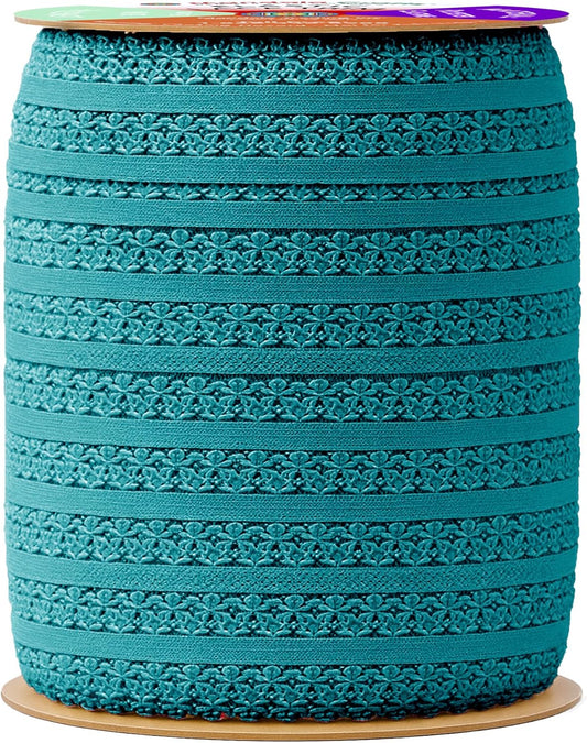 Mandala Crafts Teal Stretch Lace Soft Elastic Trim Roll - 55 Yards 1 Inch Wide Stretchy Frilly Picot Ribbon for Sewing Lingerie, Headbands, Underwear, and Crafts