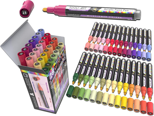 28 Wildflower Colors Acrylic Paint Pens Studio Color Series Markers Set 3mm Medium Tip, Rock Painting, Glass, Mugs, Wood, Metal, Canvas, DIY Projects, Detailing. Non Toxic, Waterbased, Quick Drying