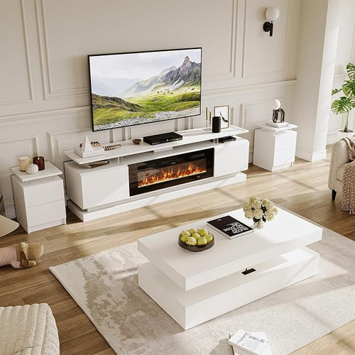 4-Piece Modern Living Room Table Set, Includes High Gloss 70" Fireplace TV Stand by Nordivale