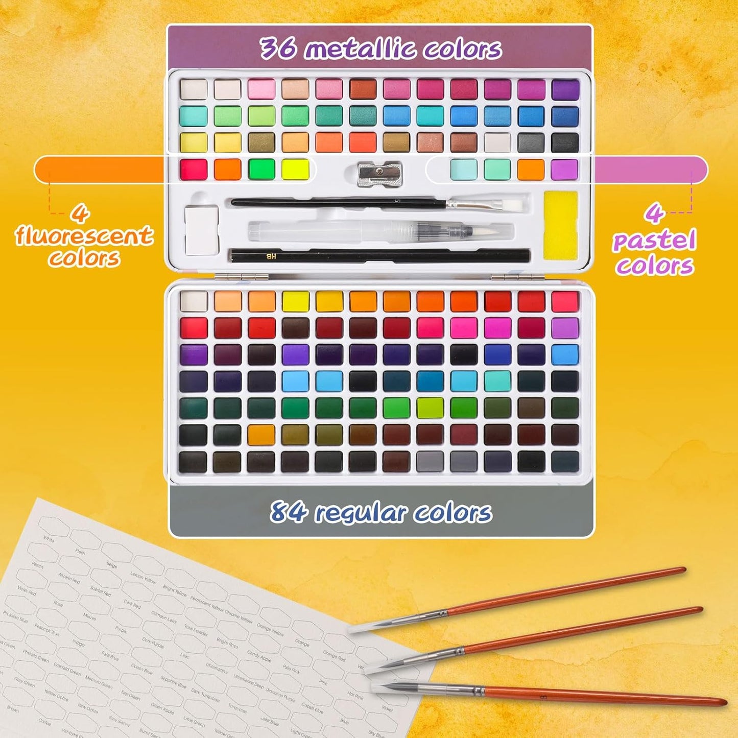 Caliart Watercolor Paint Set, 128 Colors with 4 Brushes Metallic Color Palette Kit, Portable Travel Watercolors Painting Gifts for Adults Artists Painters Beginners Art Supplies