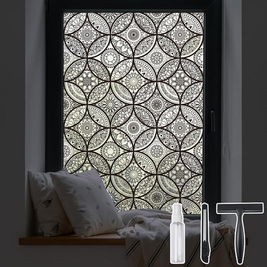 DKTIE Boho Stained Glass Look Window Privacy Film with Installation Tools, Decorative Frosted Glass Window Film Static Cling No Glue Removable, Pure Black, 17.7" x 118.1"