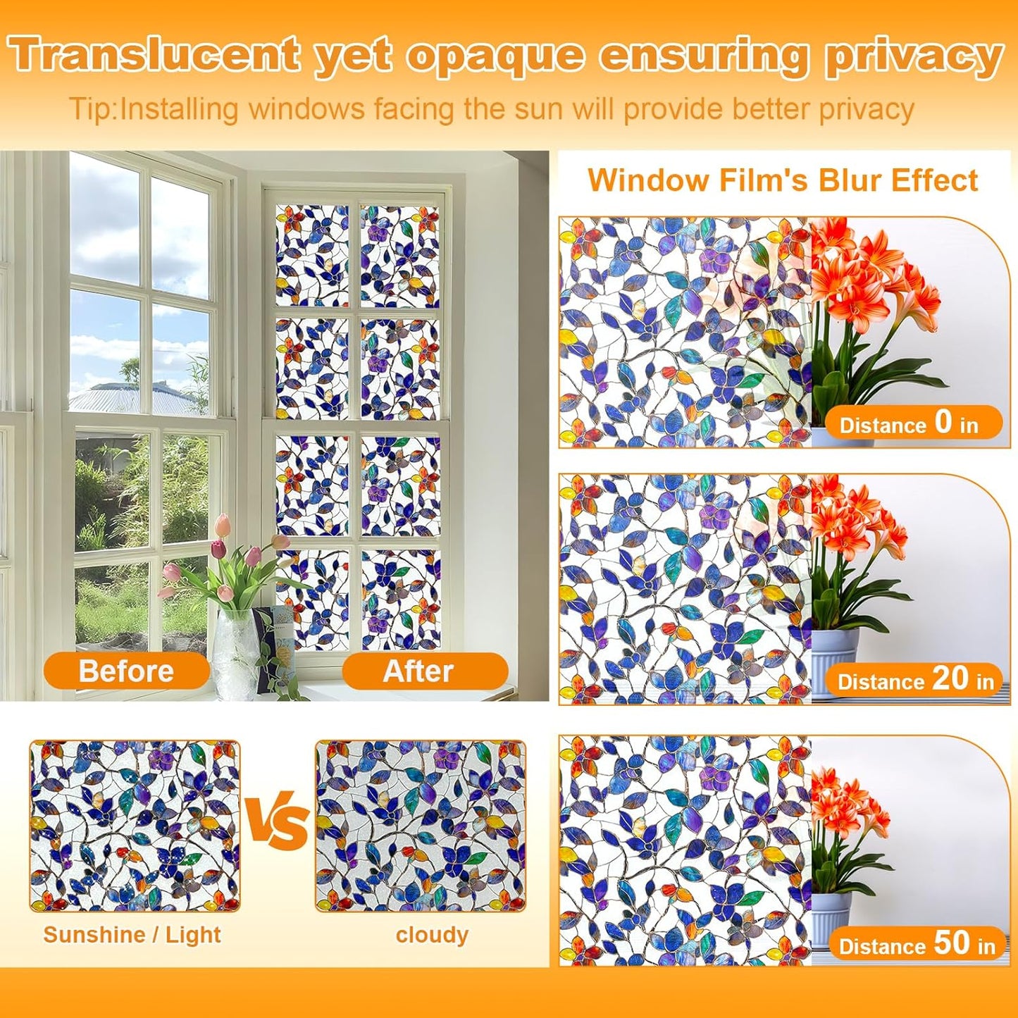 Window Privacy Film Stain Glass Window Film Rainbow Window Film Window clings Non-Adhesive Reusable Decorative for Room (Frosted Stained Leaf, 23.6 x 78.7 in)