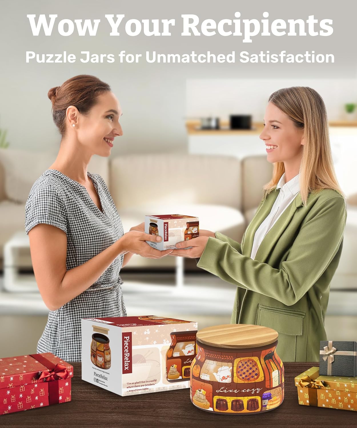 PieceRelax 3D Puzzle Jar 64 Plastic Pieces for Adults - Live Cozy - Wooden Lid Container for Kitchen Dining Study Living Room No Glue Requied Small [BC1021]