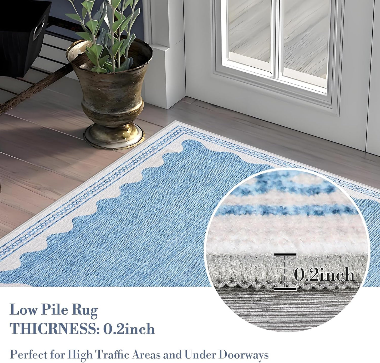 Scalloped Rug 2.5x8 Runners for Hallways, Solid Blue Runner Rugs Non Slip Scalloped Bath Runner, Washable Mat for Bedroom Girls, Rugs for Kitchen Floor Soft Dorm Nursery Carpet for Bedside