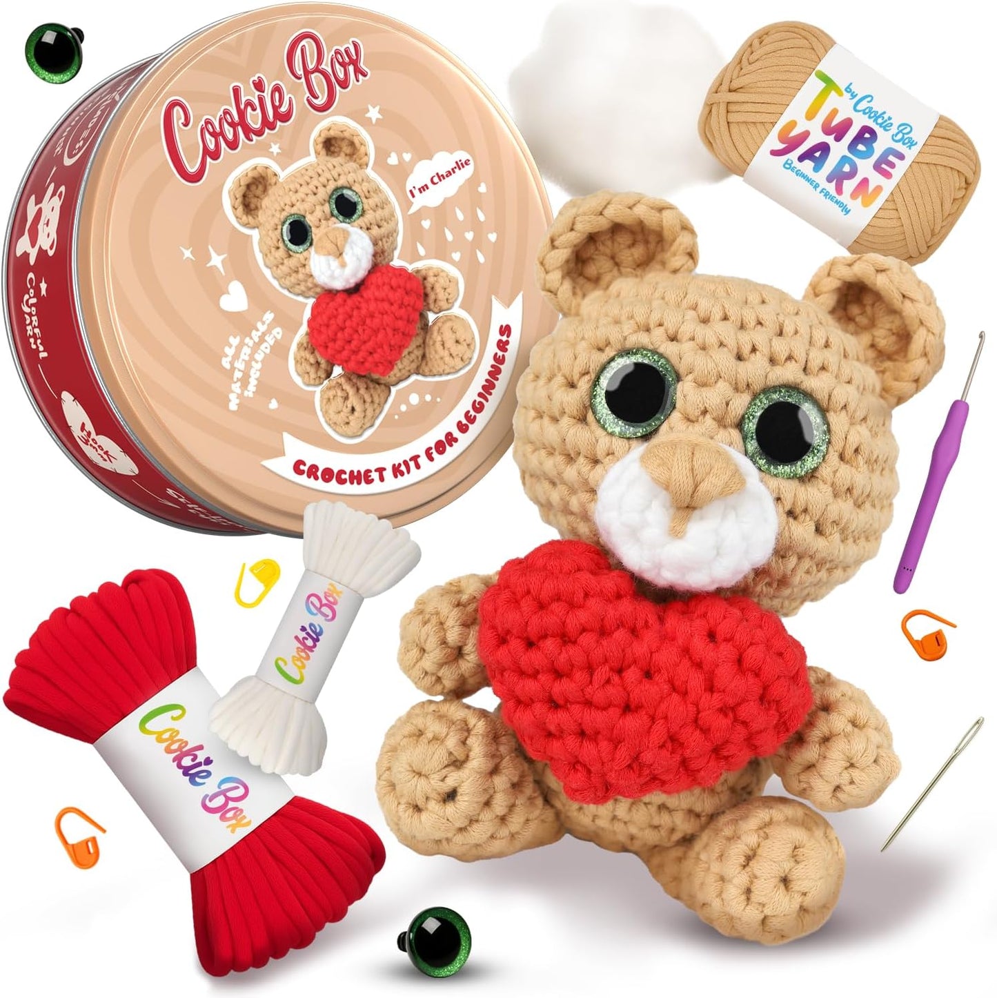 Cookie Box Crochet Kit for Beginners – Gift Set to Make Bear Charlie Amigurumi Plushie – Easy DIY Crochet & Knitting Starter Kit with Video and PDF Tutorials