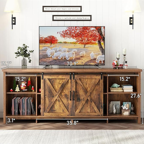 70" Farmhouse TV Stands for 70 75 80inch TV w/Adjustable Shelves, Sliding Barn - Image 2