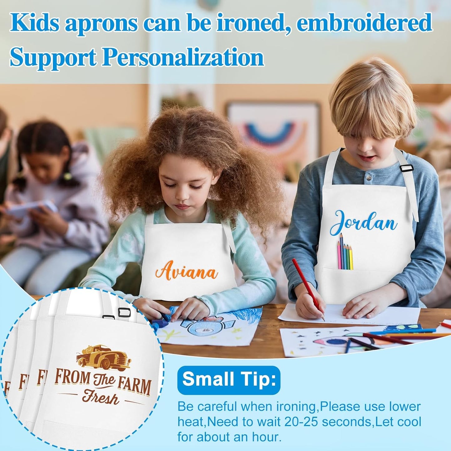 24 Pack Kids Apron bulk with 2 Pockets Adjustable Chef Art Apron Kids Painting Aprons for Cooking Baking Painting Crafting Grilling Activity（White）