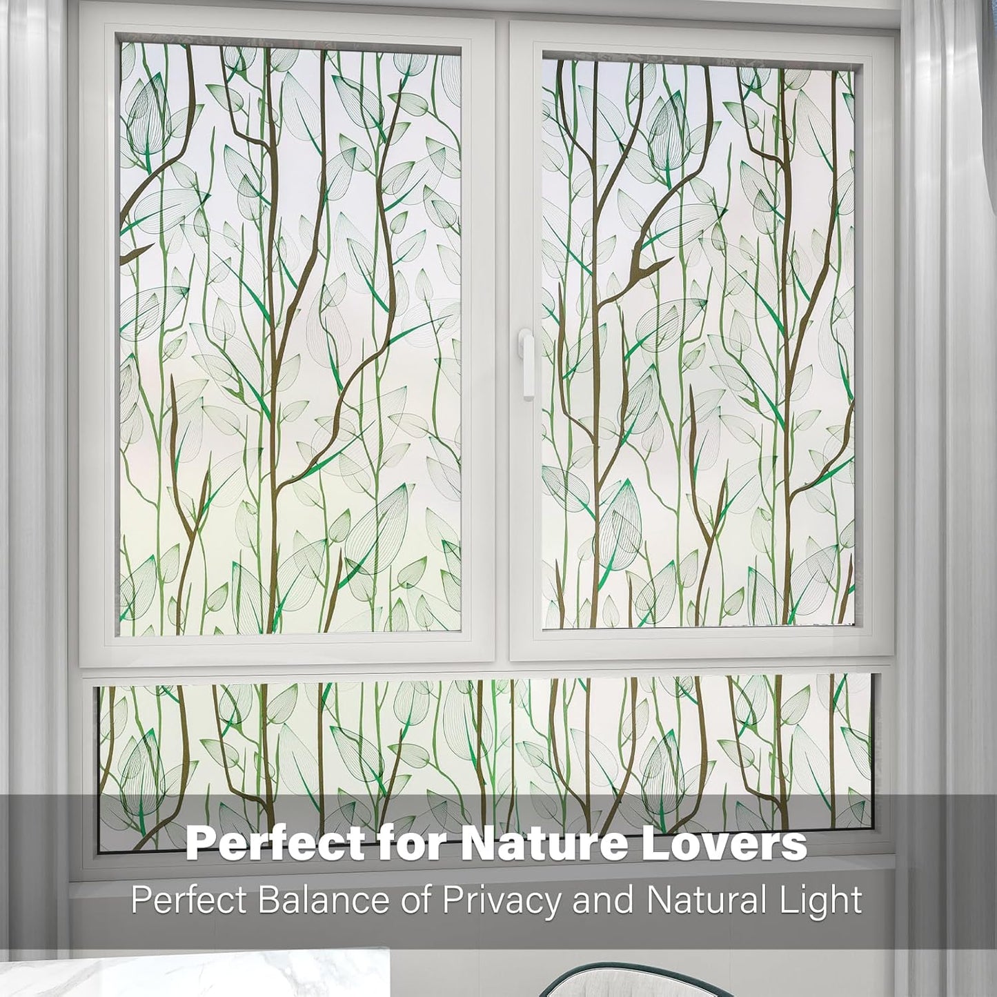 Donox Frosted Glass Window Film Heat Control UV Blocking, Static Cling Reusable Home Bathroom Door Window Privacy Film, Green Leaf Pattern Window Covering with Installation Tool, 23.6 in x 13.1 feet