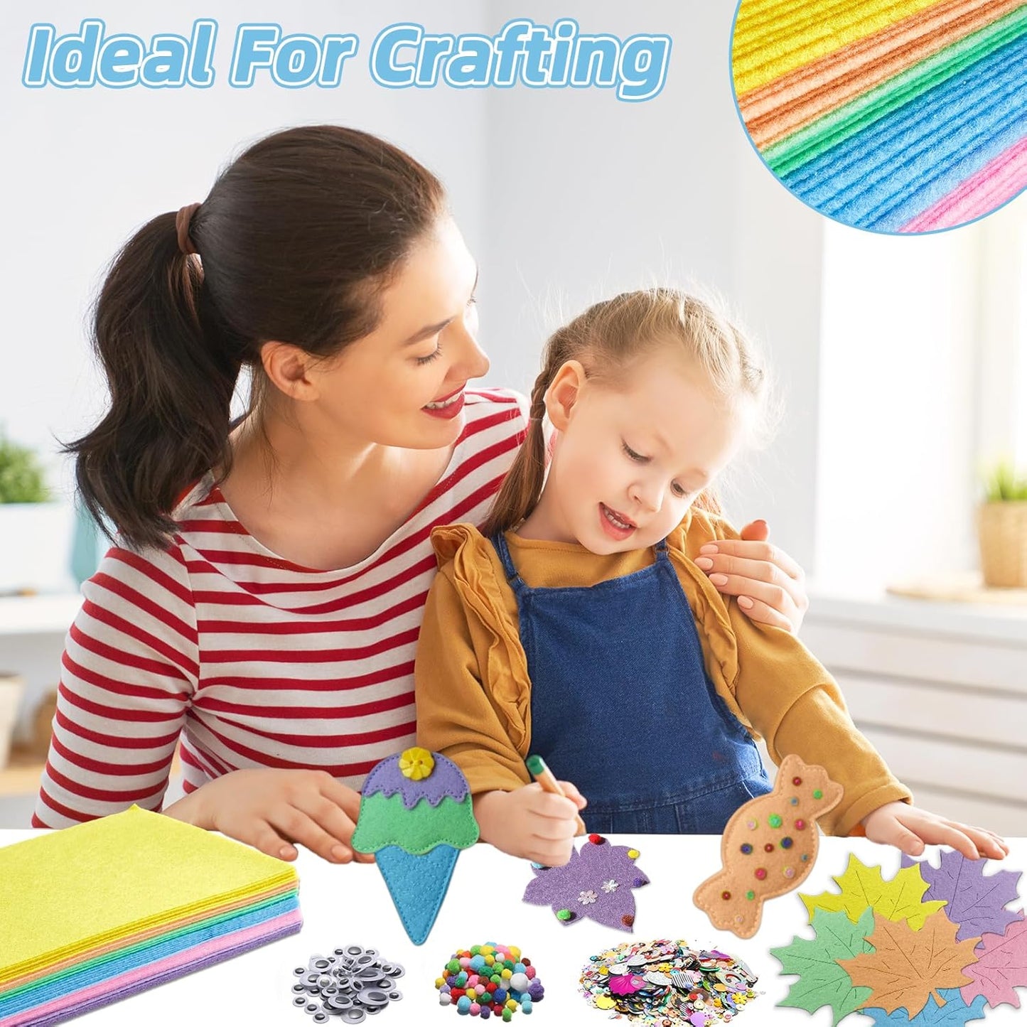 42Pcs Pastel Felt Fabric Sheets 8 x 12 Inch Pink Purple Blue Assorted Soft Thick Felt Pack with Wiggle Google Eyes Pom Poms Glitter Patchwork Craft Supply for DlY Sewing Creative Art Project Decor