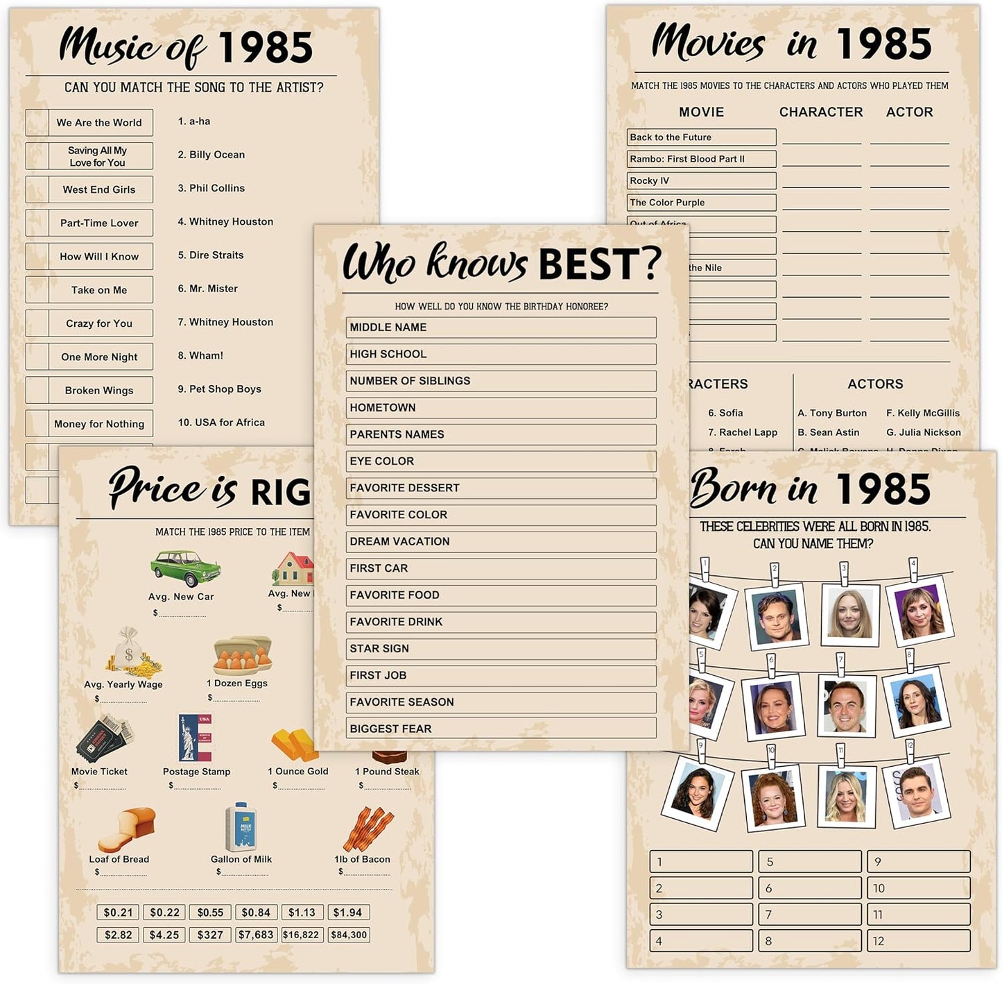 40th Birthday Party Games, Born in 1985 Games Bundle, Set of 5 Activities for 10 Guests, Birthday Party Supplies for Adults, Pack of 50 Cards
