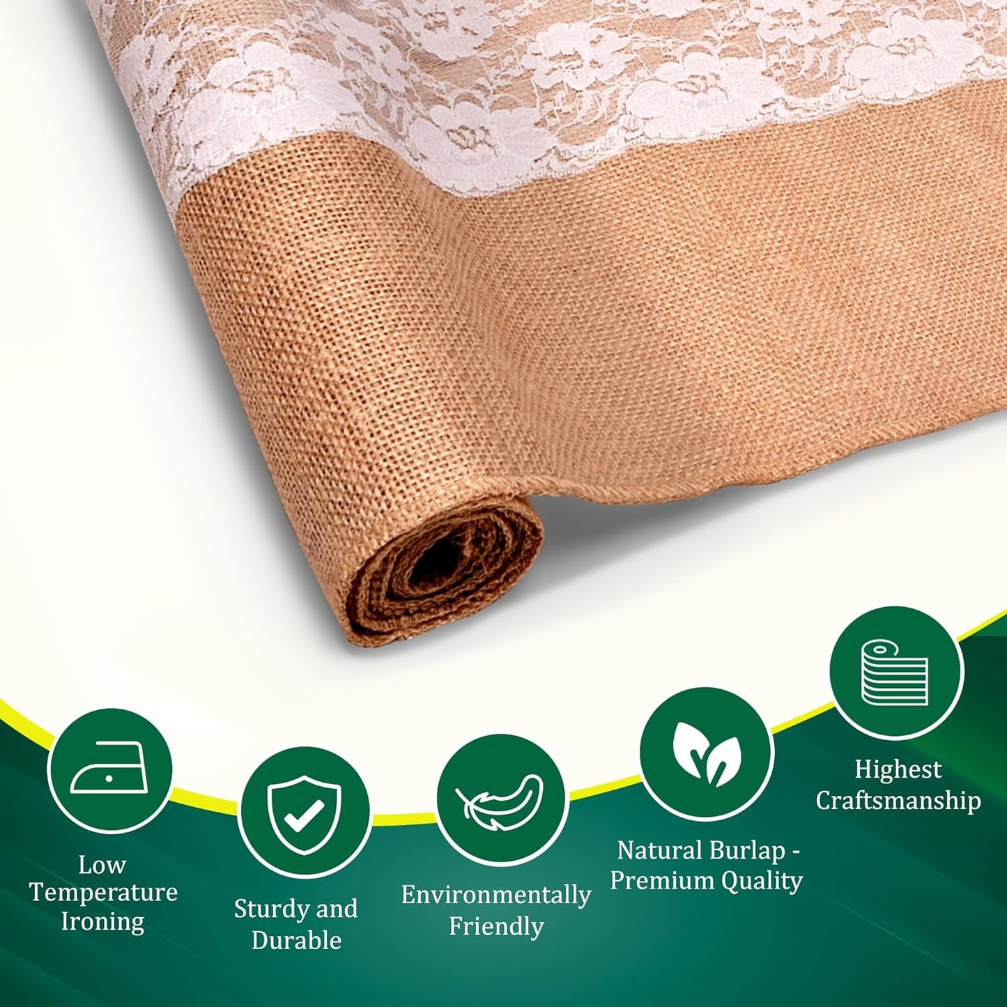 Burlap Lace Table Runner (Pack of 6) – 14”x 72” - No-Fray Finished Edge Natural Table Runner – No Odor, Eco-Friendly Burlap Runner - Perfect for Christmas, Wedding, Thanksgiving