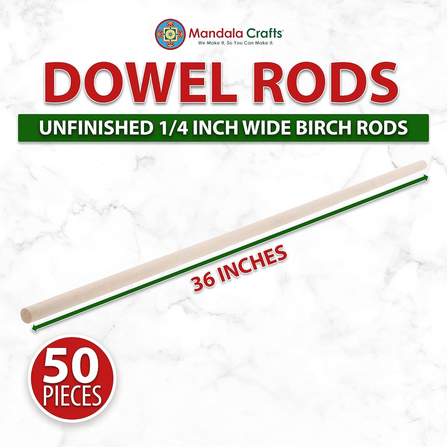 Mandala Crafts Wood Sticks Wooden Dowel Rods 36 Inches Wooden Sticks for Crafts Sticks Macrame Dowels - 50 Unfinished Wood Dowels 1/4 Inch Cake Dowels for Tiered Cakes