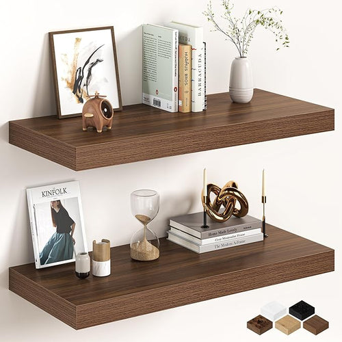 32Inch Walnut Floating Shelves for Wall, 12 Inch Deep Shelves for Bedroom by FunMemories