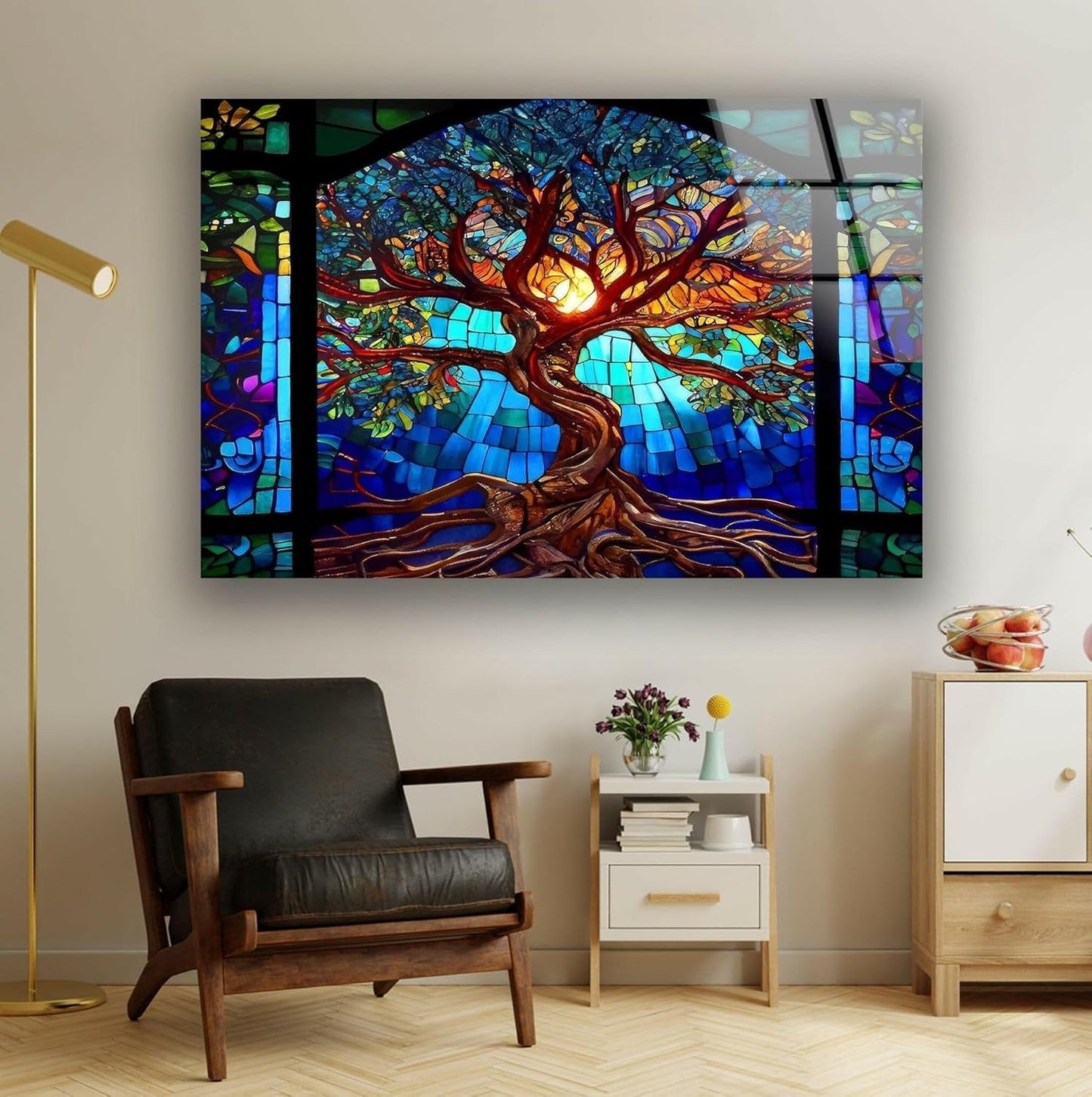 My Photostation.com 60WX40H'' Stained Blue Life of Tree Glass Wall ArtTempered Glass Printing Wall Decor Large Wall Art Wall Hangings