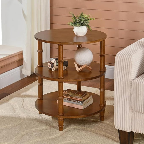 3-Tier Solid Wood Round End Table, Sofa Side Table by Ripros