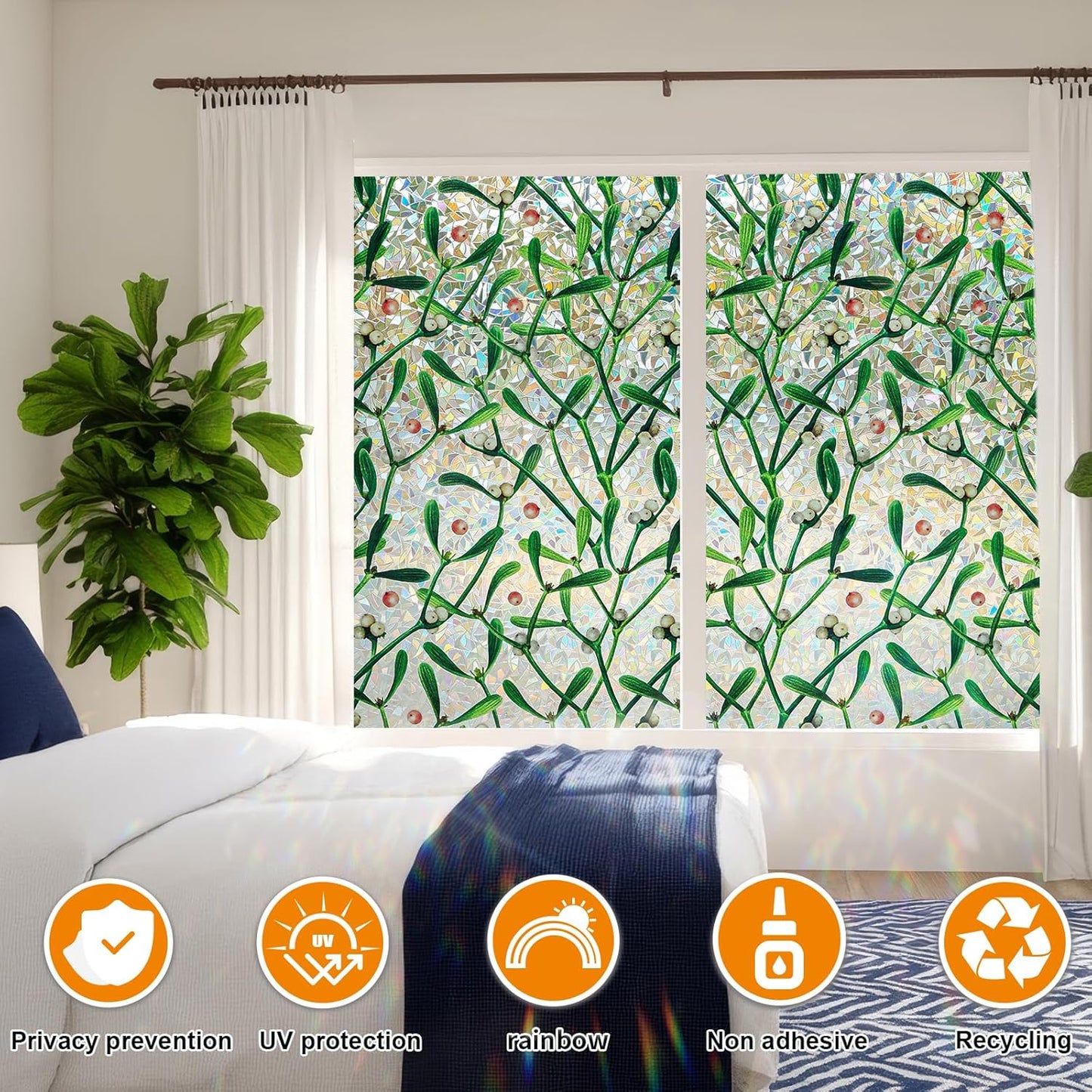 Window Privacy Film Stain Glass Window Film Rainbow Window Film Window clings Non-Adhesive Reusable Decorative for Room (Mistletoe Rainbow, 17.5 x 157.4 in)