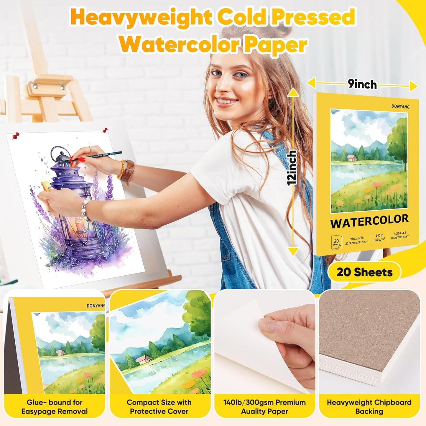 Watercolor Paper Pad, 9"x12" Water Color Paper, 20 Sheets Artist Drawing Sketch Book, 140lb/300gsm Art Supplies for Adult, Watercolor Paint Set, Canvas Painting, Journal, Class Stuff