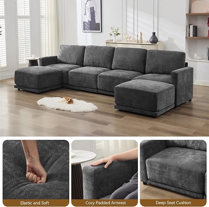 143.8" Modular Sectional Sofa Modern Chenille U Shaped Couch - Image 4
