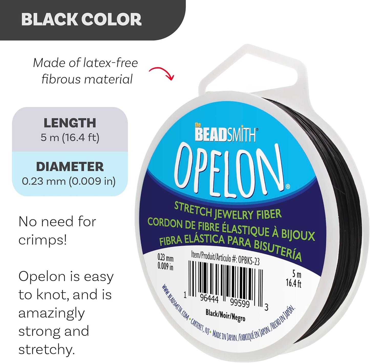 The Beadsmith Opelon Stretch Cord – Elastic Beading Fiber, Black, 0.23 mm Diameter, 5 Meters (16.4 ft) Spool
