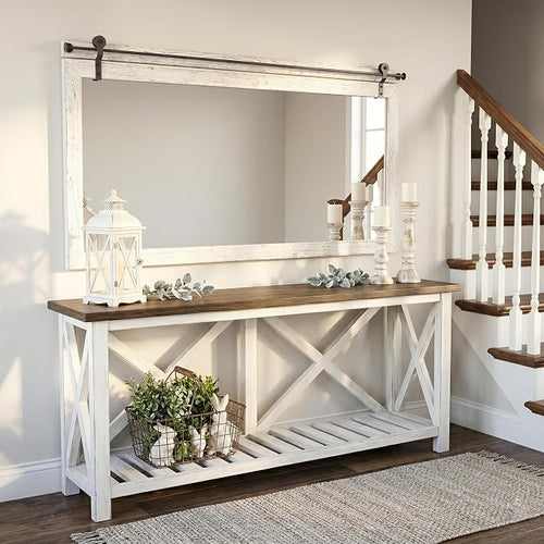27"x49" Large Whitewashed Barn Door Wall Mirror, Horizontal Solid Wood Framed - Image 2