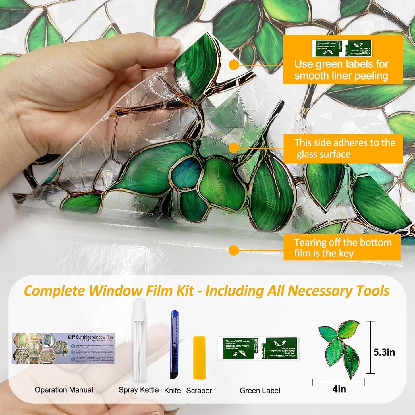 Stained Glass Window Privacy Film Decorative Rainbow Static Clings – Ideal for Home & Office, Adhesive-Free, Removable, UV-Blocking (Green Rainbow, 35.4 X 157.4 in)