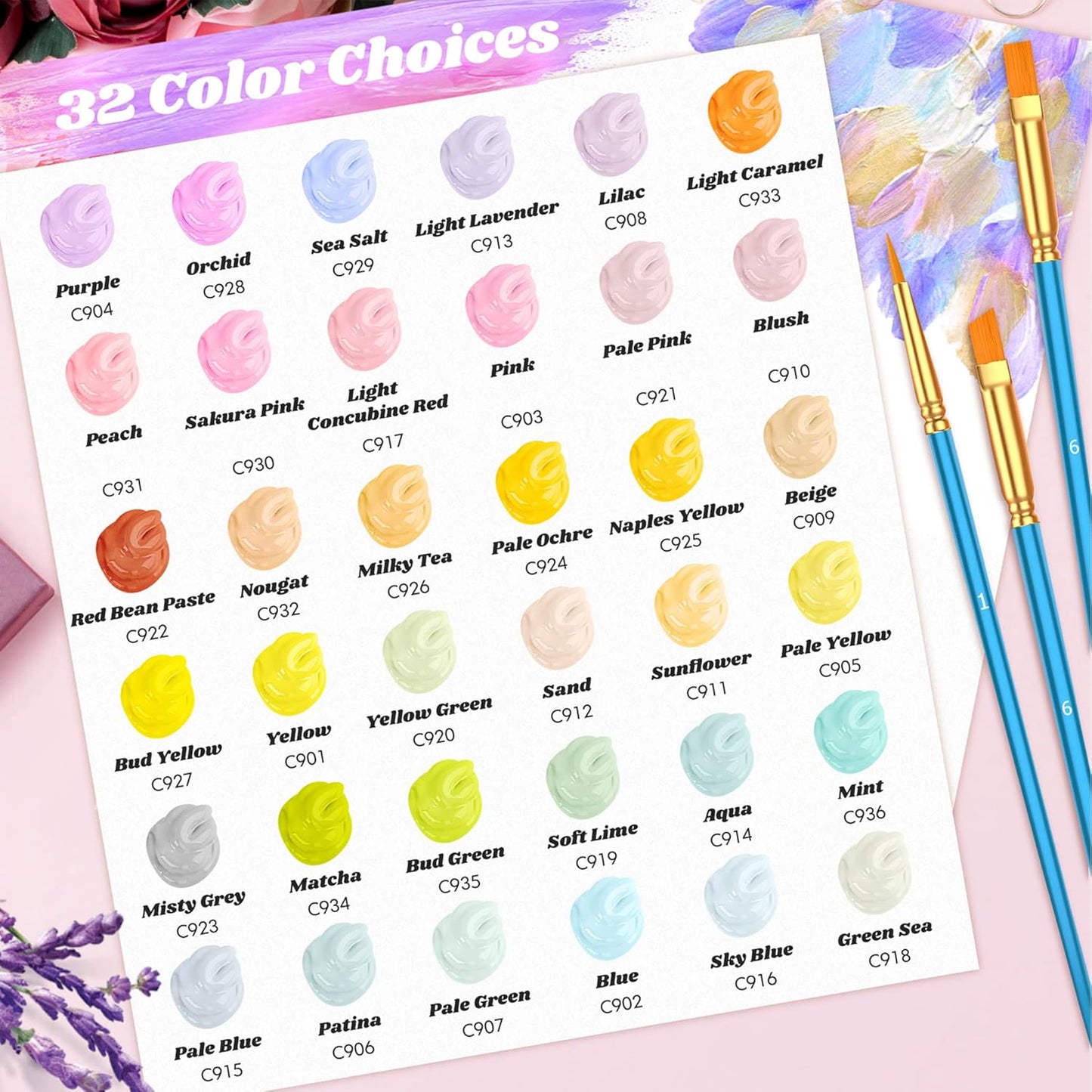 Caliart Acrylic Paint Set with 12 Brushes, 36 Pastel Colors (59ml, 2oz) Art Craft Paint for Artists Adults Beginners Painters, Canvas Ceramic Wood Fabric Rock Painting Supplies Kit