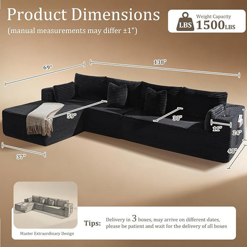 138" Oversized Cloud Sectional Couch, Comfort L Shaped Boneless Couch - Image 2