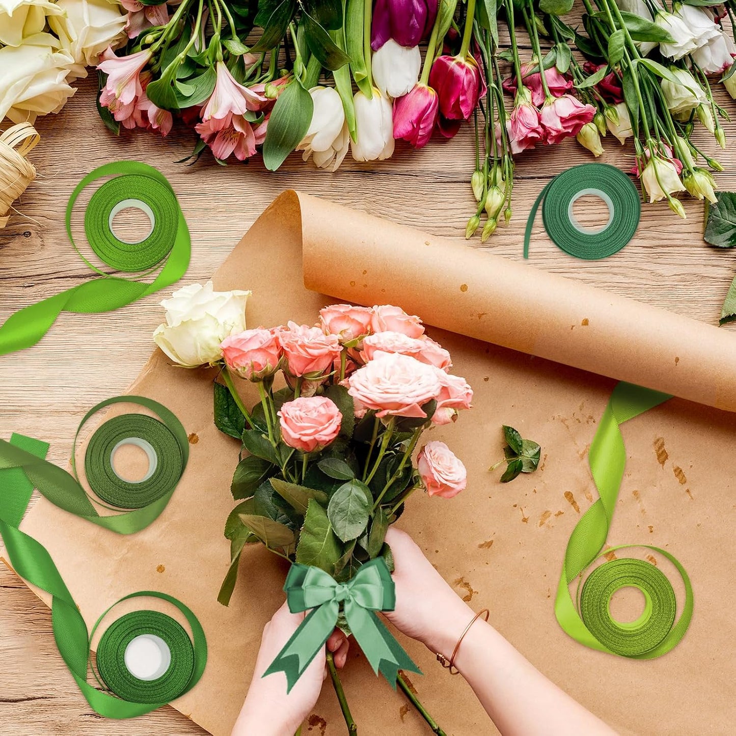 1-1/2 Inch Green Satin Ribbons for Crafts, 6 Rolls Single-Faced Green Assorted Ribbons for Gift Wrapping Flower Bouquet Wedding Invitations Bridal Shower Hair Bows Garland Party Decor