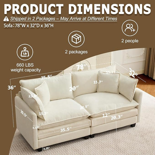 78" Modular Sectional Sofa, Cloud Couch Loveseat Sofa, Deep Seat Washable - Image 2