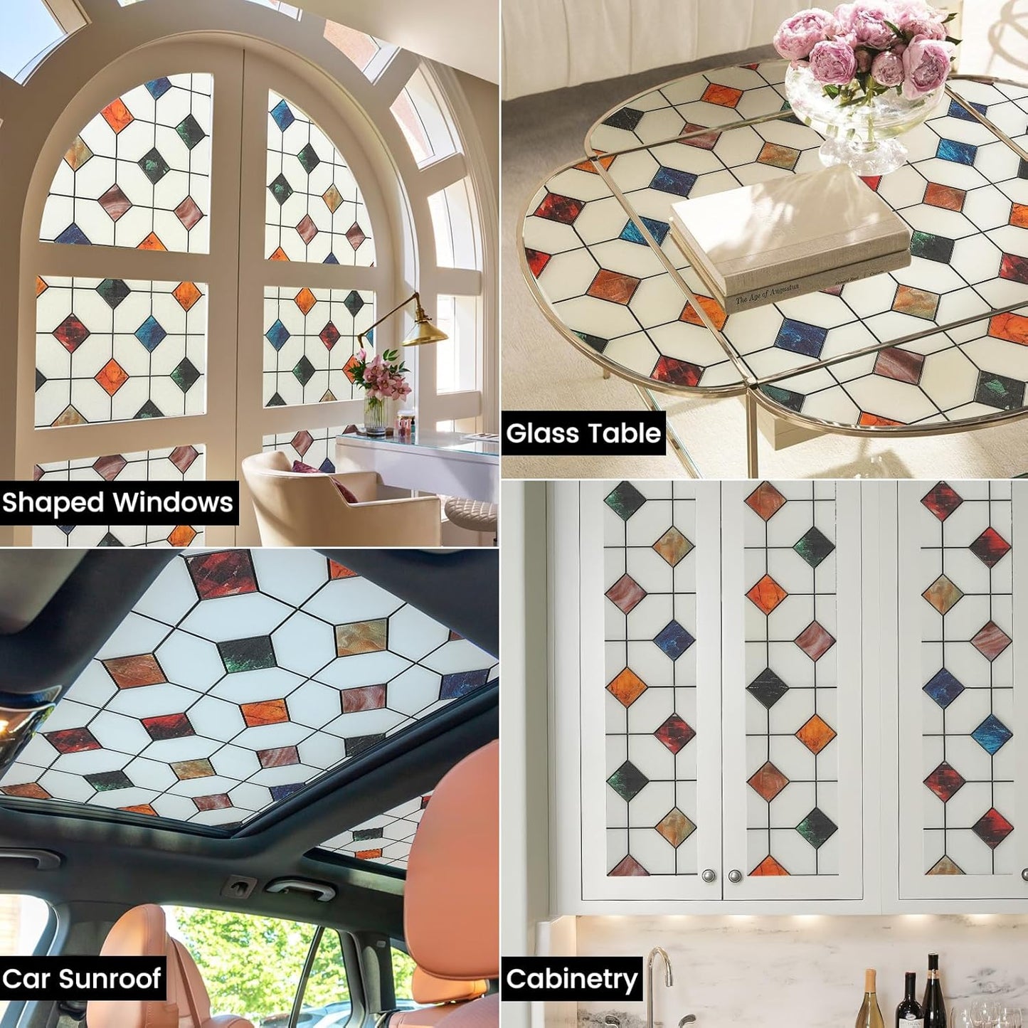 DKTIE Stained Glass Window Film Geometric Patterns, Fine Frosted Window Clings for Glass Windows, Waterproof for Bathroom Window Privacy Film Day and Night (S533, 35.4in X 118.1in)