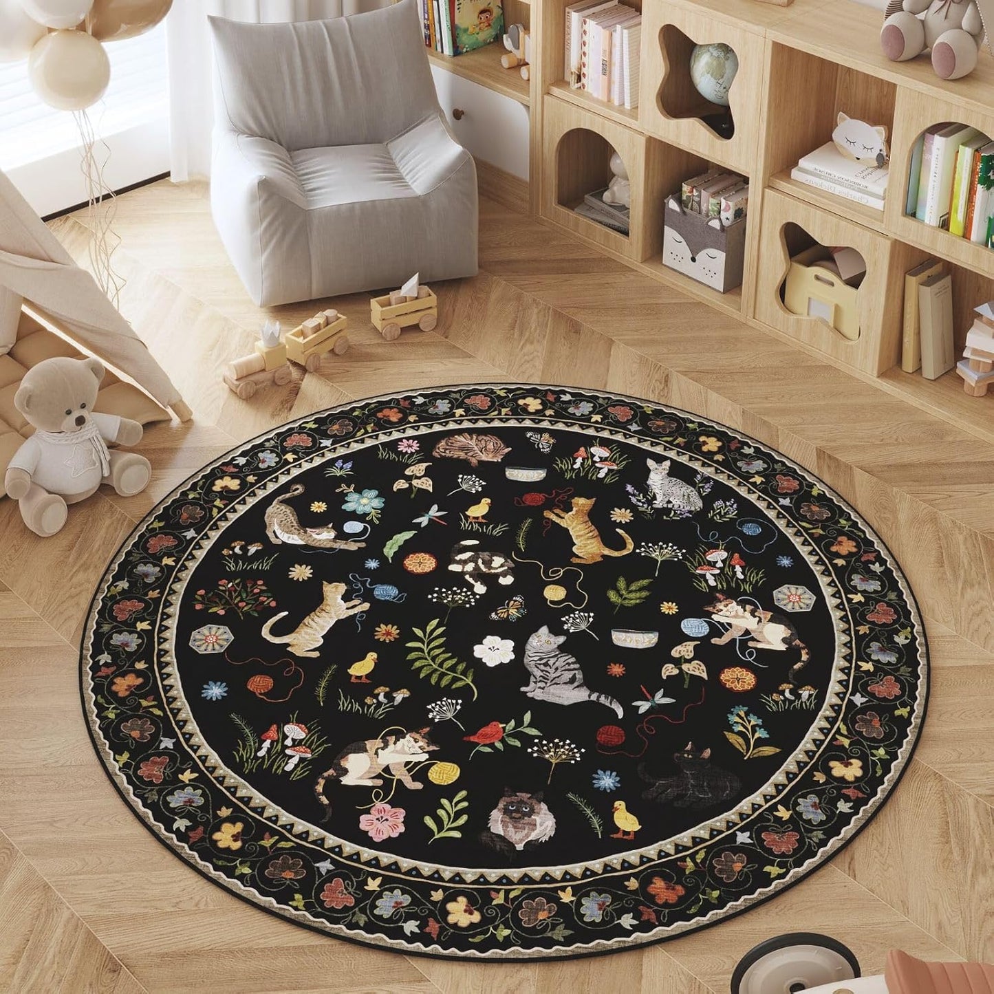 Rugcomf Round Rug 6ft Washable Circle Rug Non Slip Low Pile Boho Floral Animal Cat Small Circular Rug for Bedroom Bathroom Entryway Kids Room Office College Dorm, Black