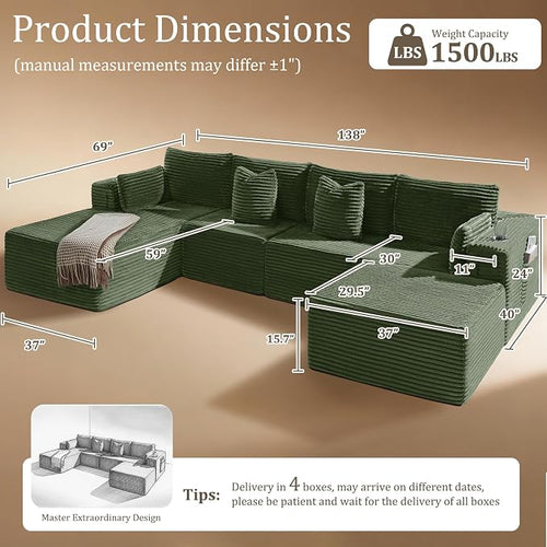 138" Cloud Sectional Couch, Comfort U Shaped Boneless Couch - Image 2