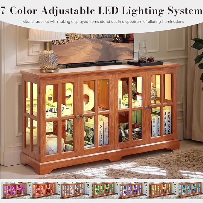 59" W LED Curio Cabinet with 7 Color Lights, Vintage Glass Display Case with - Image 3