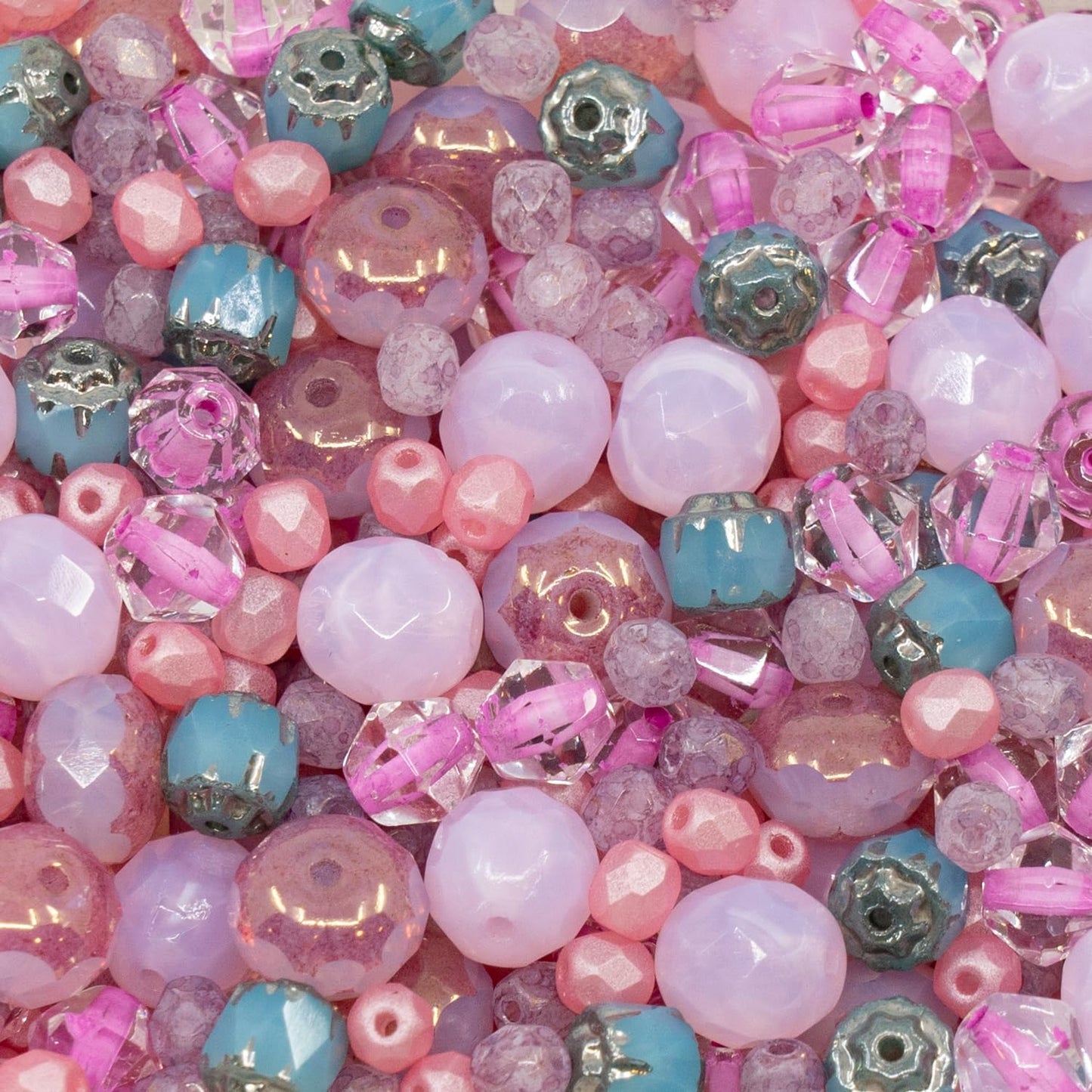0.9 oz (25g) Mix of Faceted Fire Polished Czech Glass Beads (Round, Rondelle etc) 4-10mm, Cold Pink