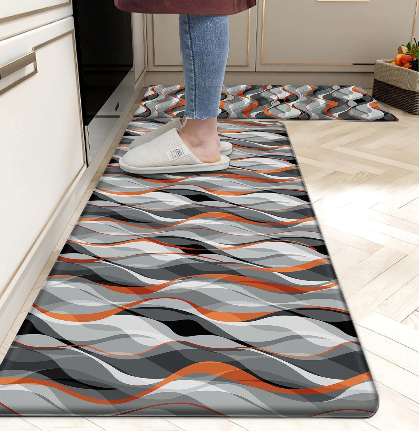 Kitchen Mats for Floor Modern Abstract kitchen rugs Grey and Orange Stripe Anti Fatigue Kitchen Mats Waterproof Floor Mats Cushioned Non-Skid Standing Mats for Kitchen, Set of 2,17.3 x 28+17.3 x 47