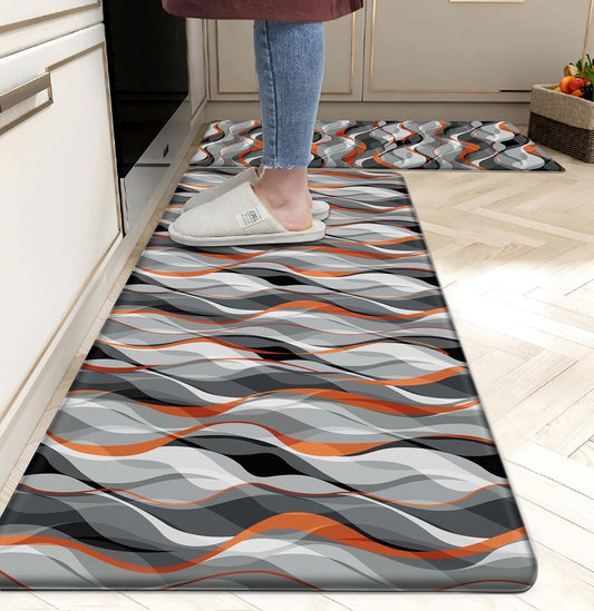 Kitchen Mats for Floor Modern Abstract kitchen rugs Grey and Orange Stripe Anti Fatigue Kitchen Mats Waterproof Floor Mats Cushioned Non-Skid Standing Mats for Kitchen, Set of 2,17.3 x 28+17.3 x 47