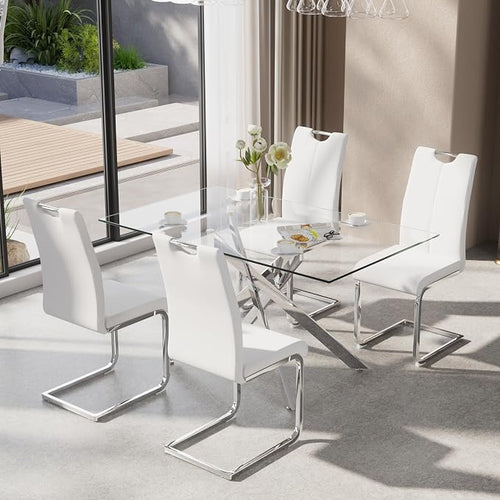 5-Piece Dining Table Set for 4, Modern Rectangular Glass Table by KATBOCFurniture