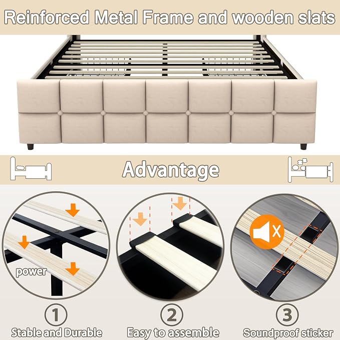 Queen Size Bed Base with Multiple Color LED Lighting, Linen Upholstered Bed - Image 5
