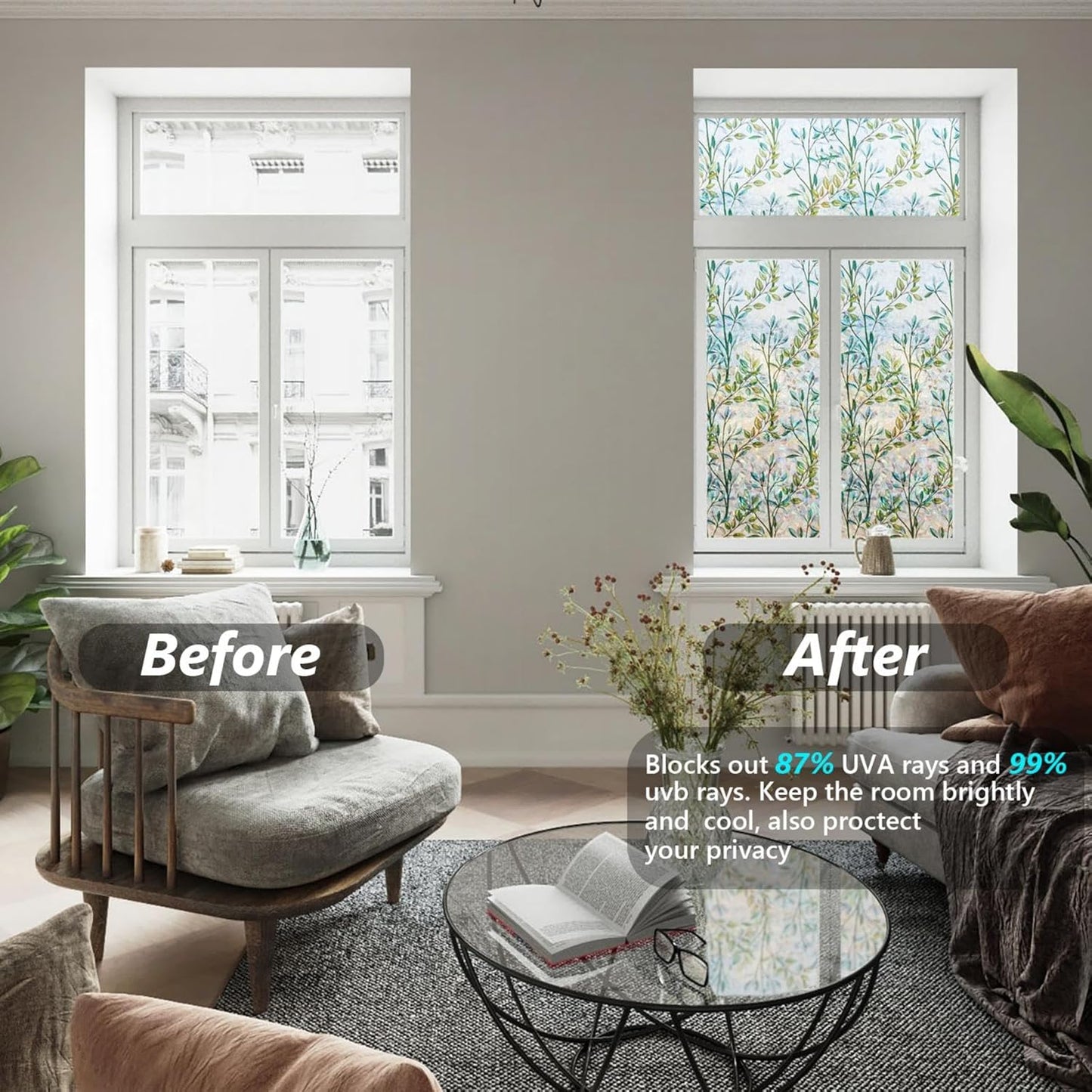 Finnez Window Privacy Film 3D Static Cling Window Film, No Glue Heat Control & 96% UV Blocking for Home Office, Decorative Frosted Glass Cover 17.5 Inch x 13.1 Feet