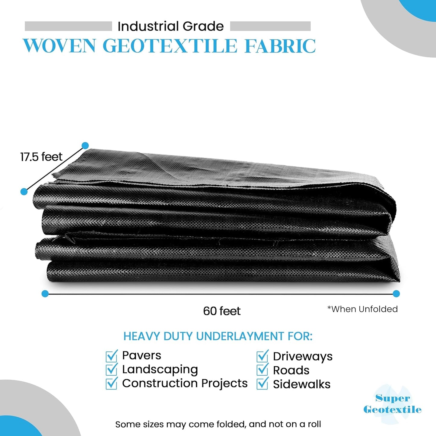 Woven Geotextile Fabric for Driveway and Road Stabilization, Construction Underlayment, Erosion Control, Commercial Grade 50 Year for Gravel Roads and Pavers (17.5x60) Ships Folded