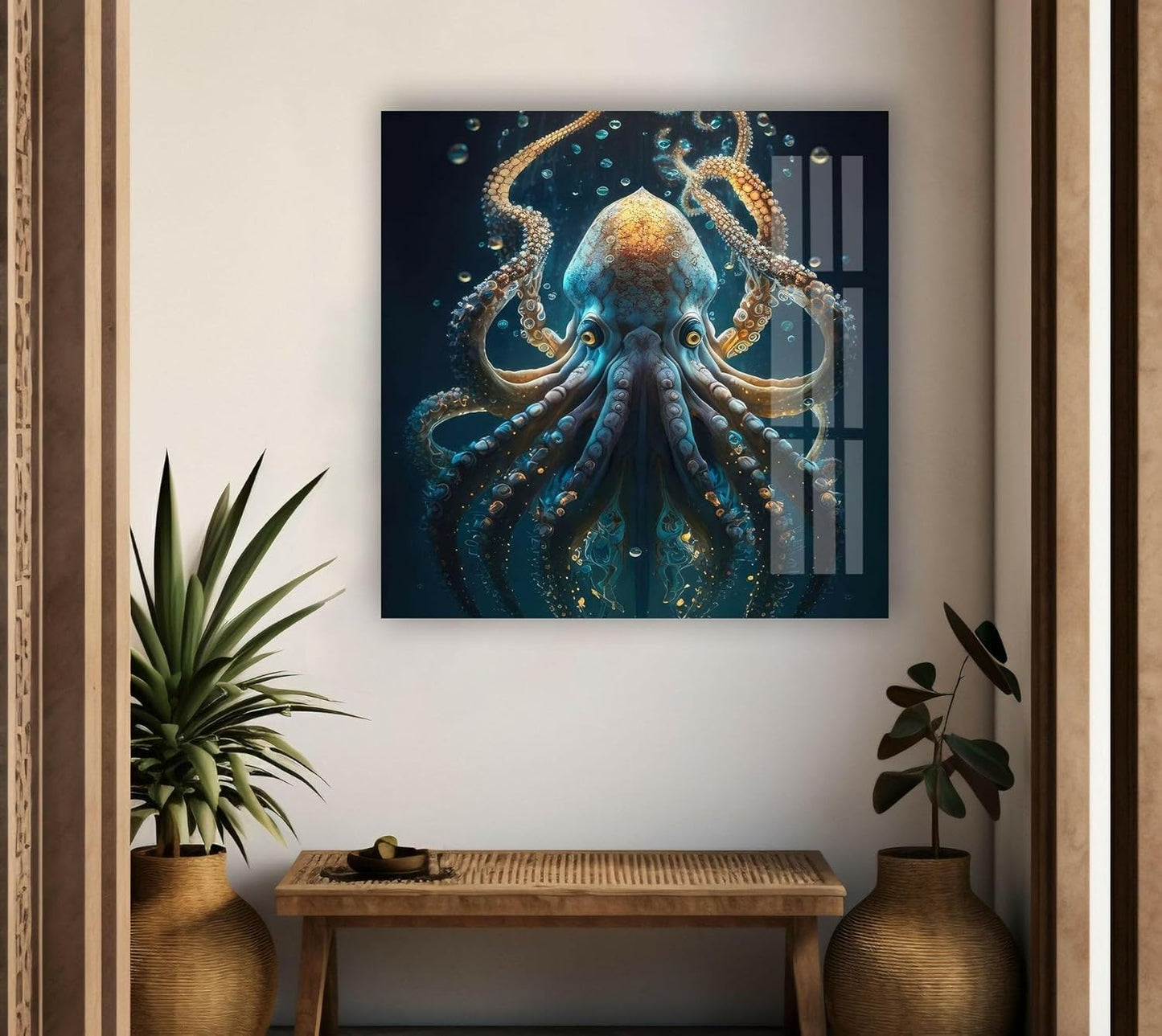 My Photostation.com 30Wx35.5H'' Underwater Blue Octopus Glass Wall Art Tempered Glass Printing Wall Decor Large Wall Art Wall Hangings