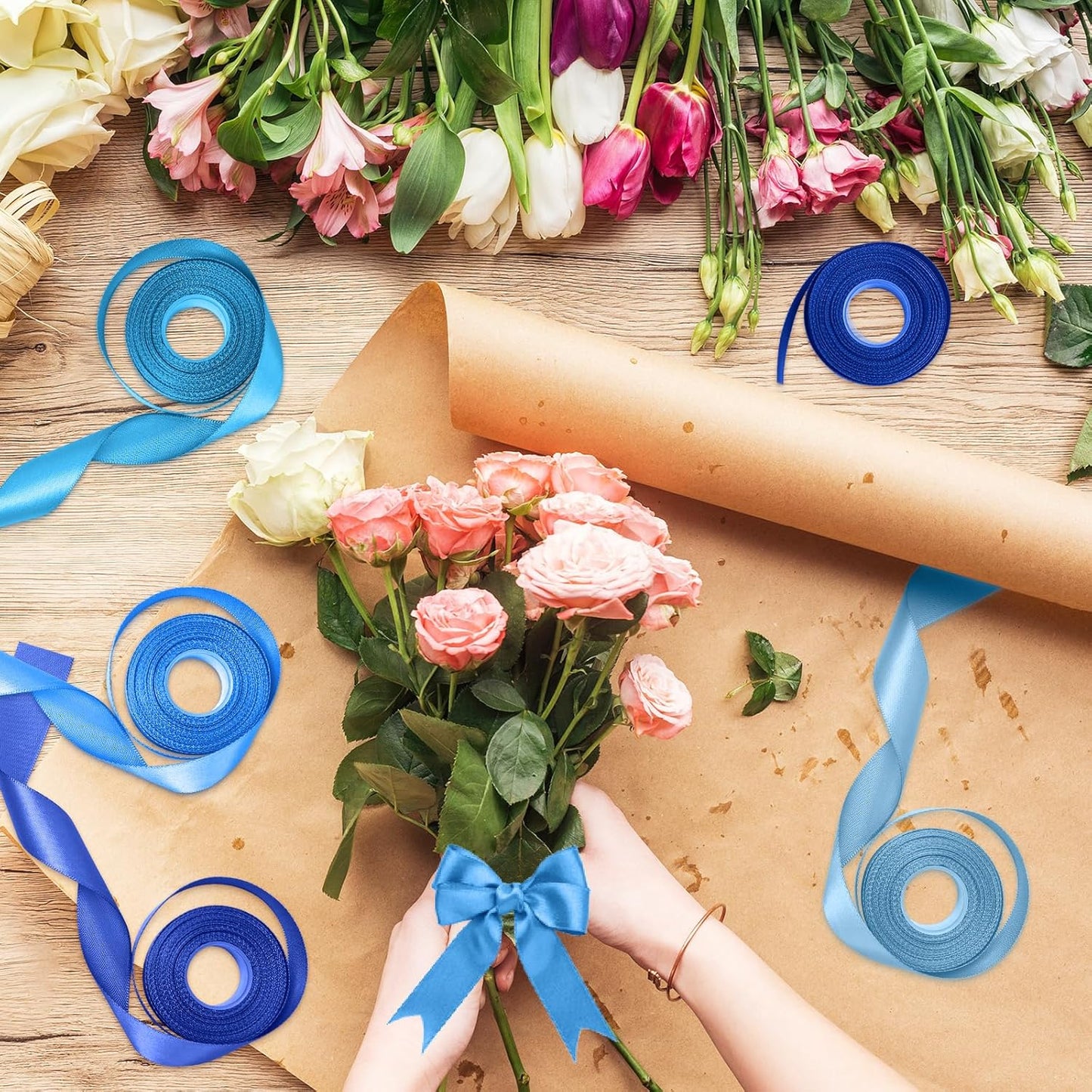 1 Inch Blue Satin Ribbons for Crafts, 6 Rolls Single-Faced Blue Assorted Ribbons for Gift Wrapping Flower Bouquet Wedding Invitations Bridal Shower Hair Bows Garland Party Decor