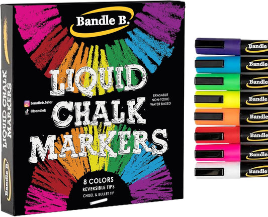 Bandle B. Chalk Markers - 8 Vibrant, Erasable, Non-Toxic, Water-Based, Reversible Tips. For Glass or Chalkboard Markers for Businesses, Restaurants, Liquid Drawing Chalk (Vibrant 6mm)
