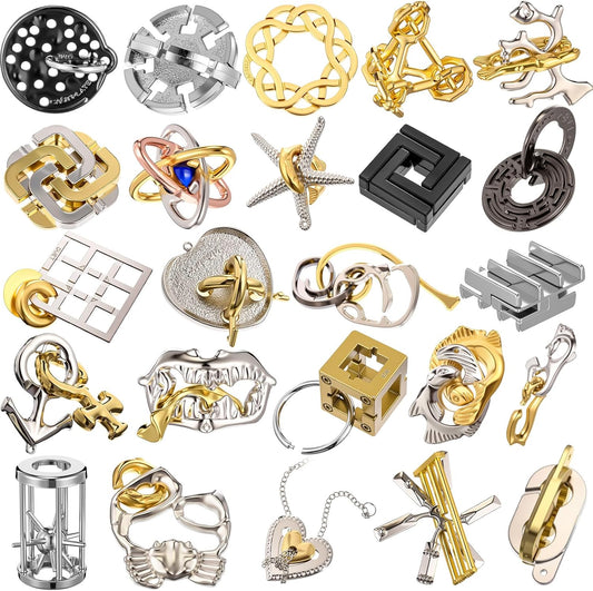 Yilloog 24 Pcs Metal Brain Teaser Puzzles Assortment for Adults Difficult Magic Puzzles Highly Hard Brain Games Iq Logic Test Disentanglement Game for Classroom Mind Challenge (Funny)