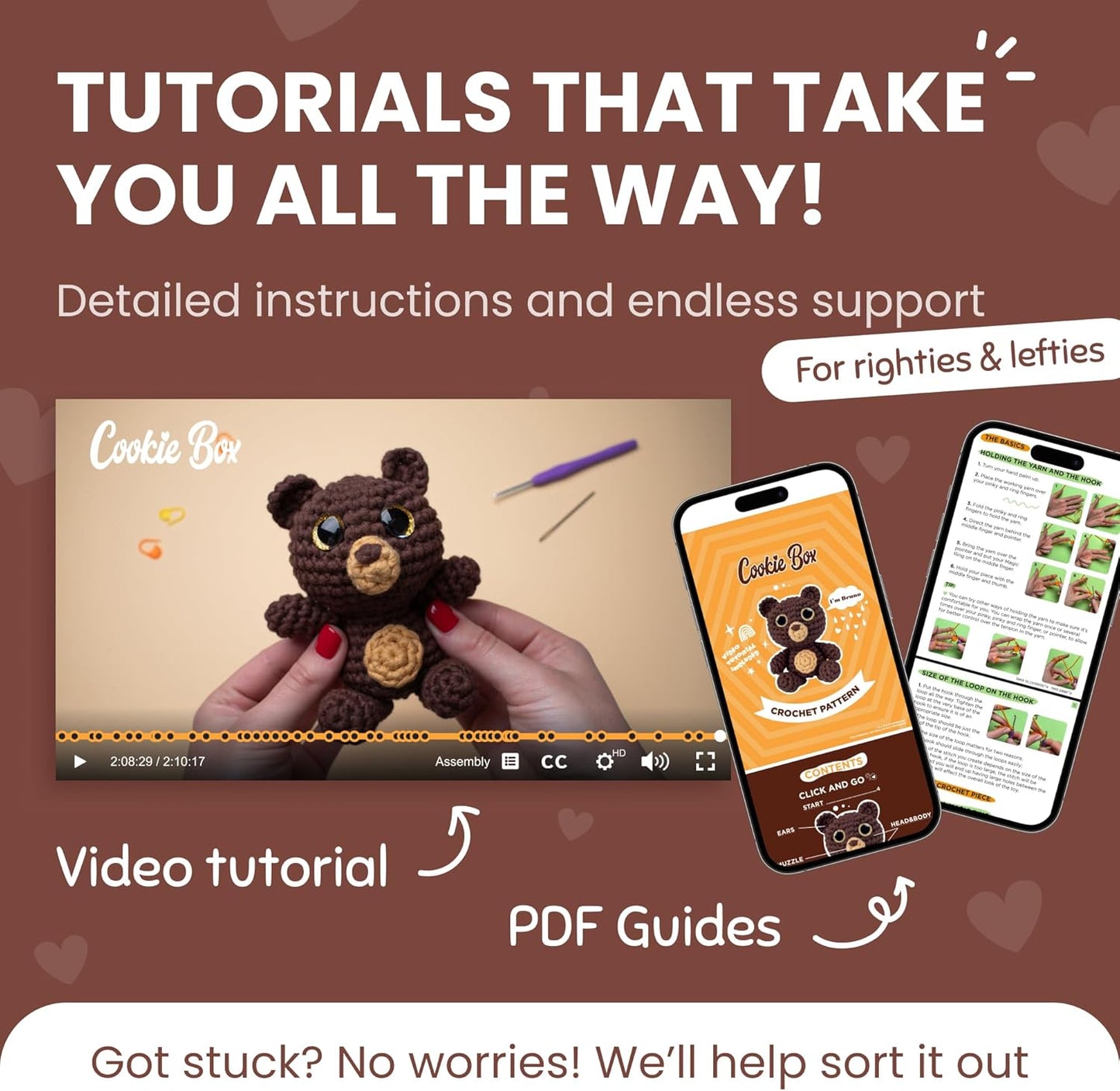 Cookie Box Crochet Kit for Beginners – Gift Set to Make Bear Bruno Amigurumi Plushie – Easy DIY Crochet & Knitting Starter Kit with Video and PDF Tutorials