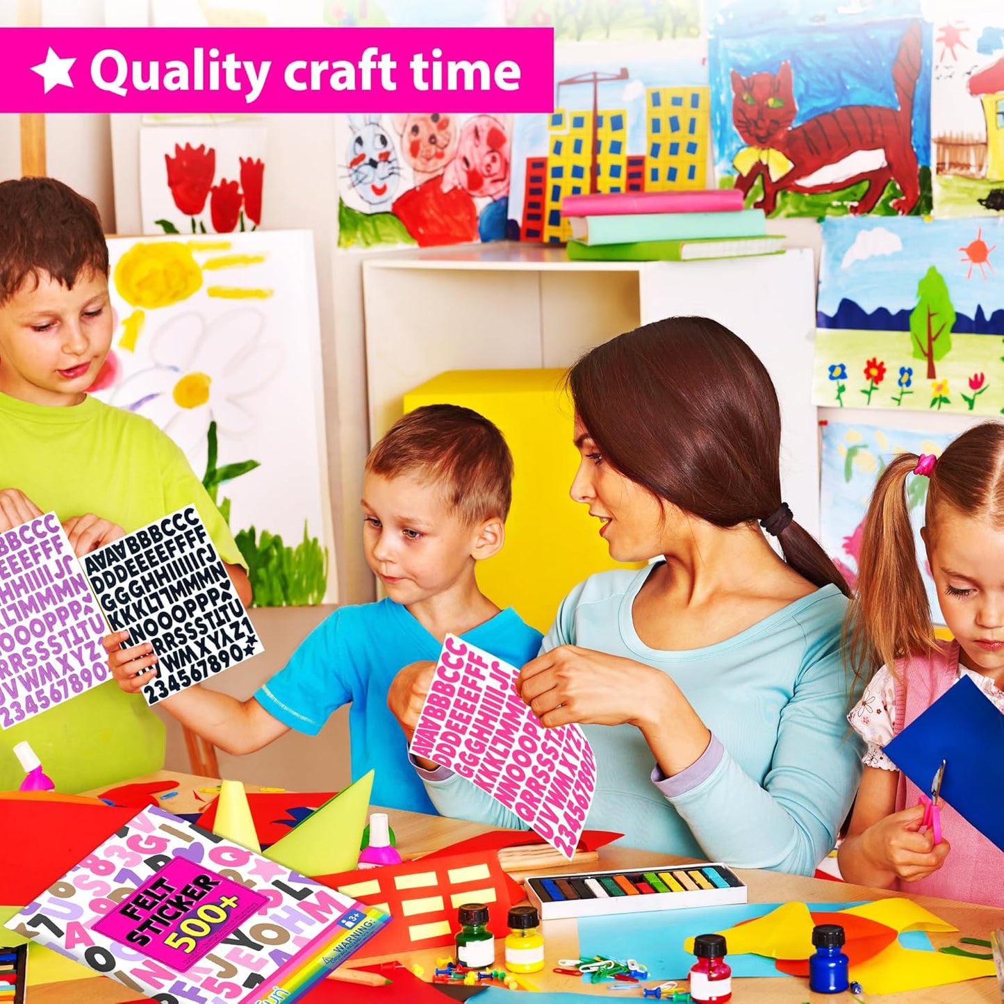 KRAFUN Black and Pink Felt Sticker Kit for Beginner Young Girls and Kids Arts & Crafts, Pack of 500+ Assorted Scrapbook Stickers Alphabets, Numbers, Fun Shapes, Preschool, Children Early Learning